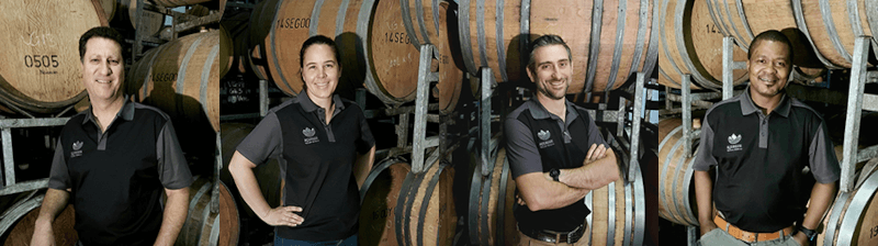 Die Köpfe von Riebeek Valley Wine - CEO Werner Engelbrecht, Senior Winemaker Sheree Nothnagel, Senior Winemaker Jacques Theron, Assistant Winemaker Thembile Ntloko
