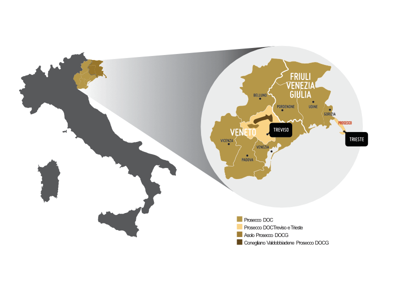 Mapa das zonas de cultivo Prosecco DOC e DOCG no Vêneto e em Friul-Veneza Júlia